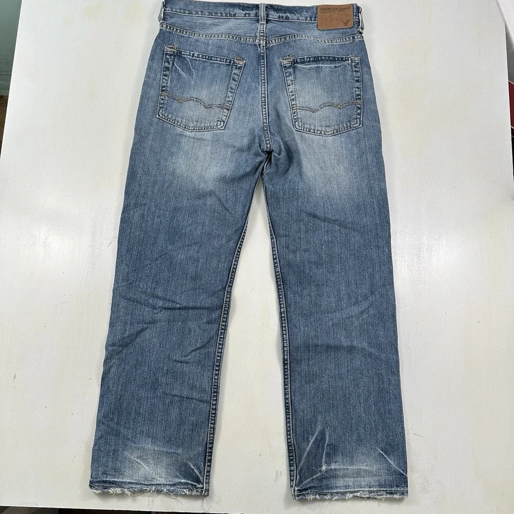 Y2K American Eagle‎ Mens Low Loose Jeans 31x30 Blue Light Wash Distressed Denim